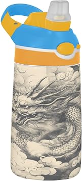 Kids Water Bottle 16OZ Dragon Amidst Swirling Clouds Tritan Plastic Water Bottle with Straw for Boys Girls, School or Travel, Leak Proof,Blue,