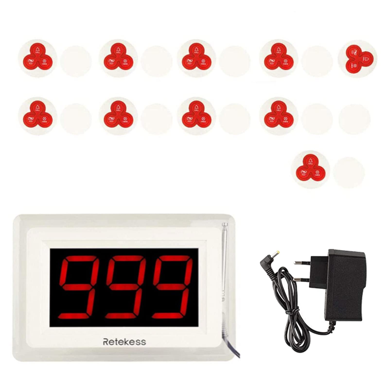 Retekess T114 Cercapersone Ristorante, Sistema di Chiamata Wireless, 3 Modalità di Chiamata Canale 999 per Ristorante Bar Hotel Clinic (1 Ricevitore Schermo e 10 Pulsanti di Chiamata)