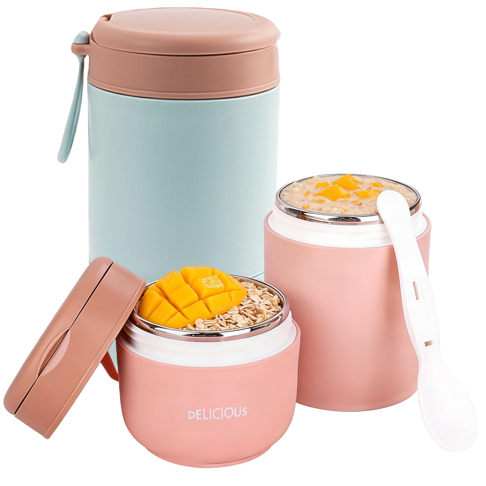 Contenitore termico a doppio strato per alimenti: 2 unità, isolamento sottovuoto, contenitore termico per pranzo da asporto (rosa e verde, 430 ml, 430 + 300 ml)