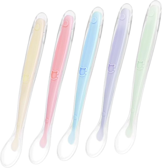 Vicloon Baby Spoons, 5 Pcs Silicone Spoon for Baby Feeding and Infant WeaningBaby Soft Spoons Self Feeding Training Spoons Utensil Easy Grip Toddler Cutlery Kit