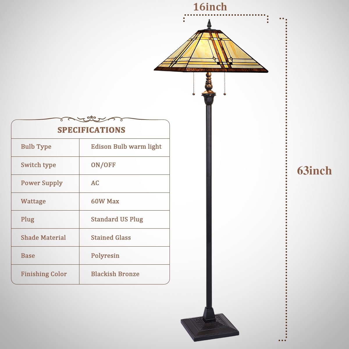 Capulina Tiffany Lamp Stained Glass Floor Lamp 2-Light 16X16X63 Inches Cream Color Tiffany Style Standing Reading Lamp for Living Room Bedroom Home Office