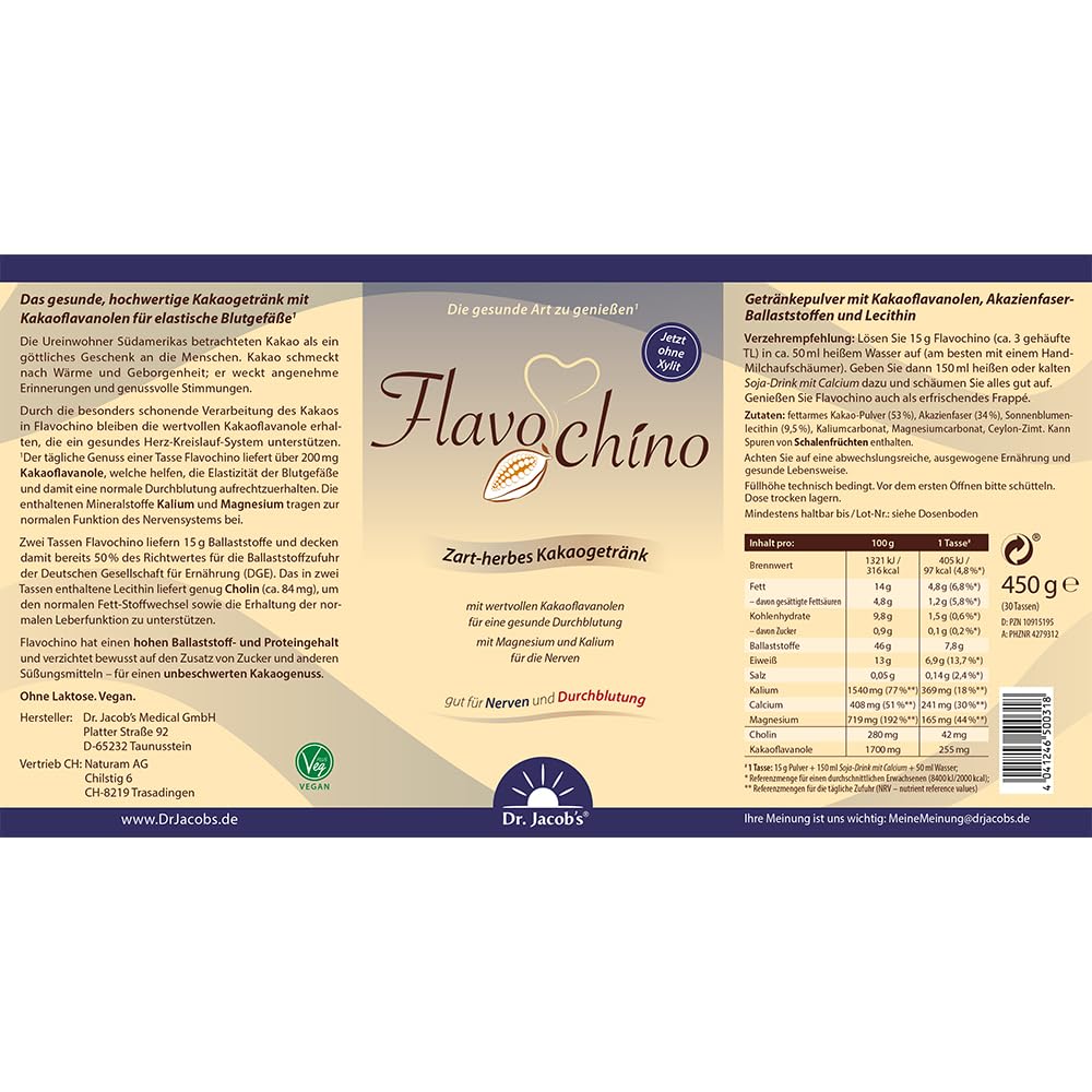 Dr. Jacob's Flavochino puszka 450 g delikatny napój kakaowy z lawanolami kakaowymi z minerałami bez dodatku cukru