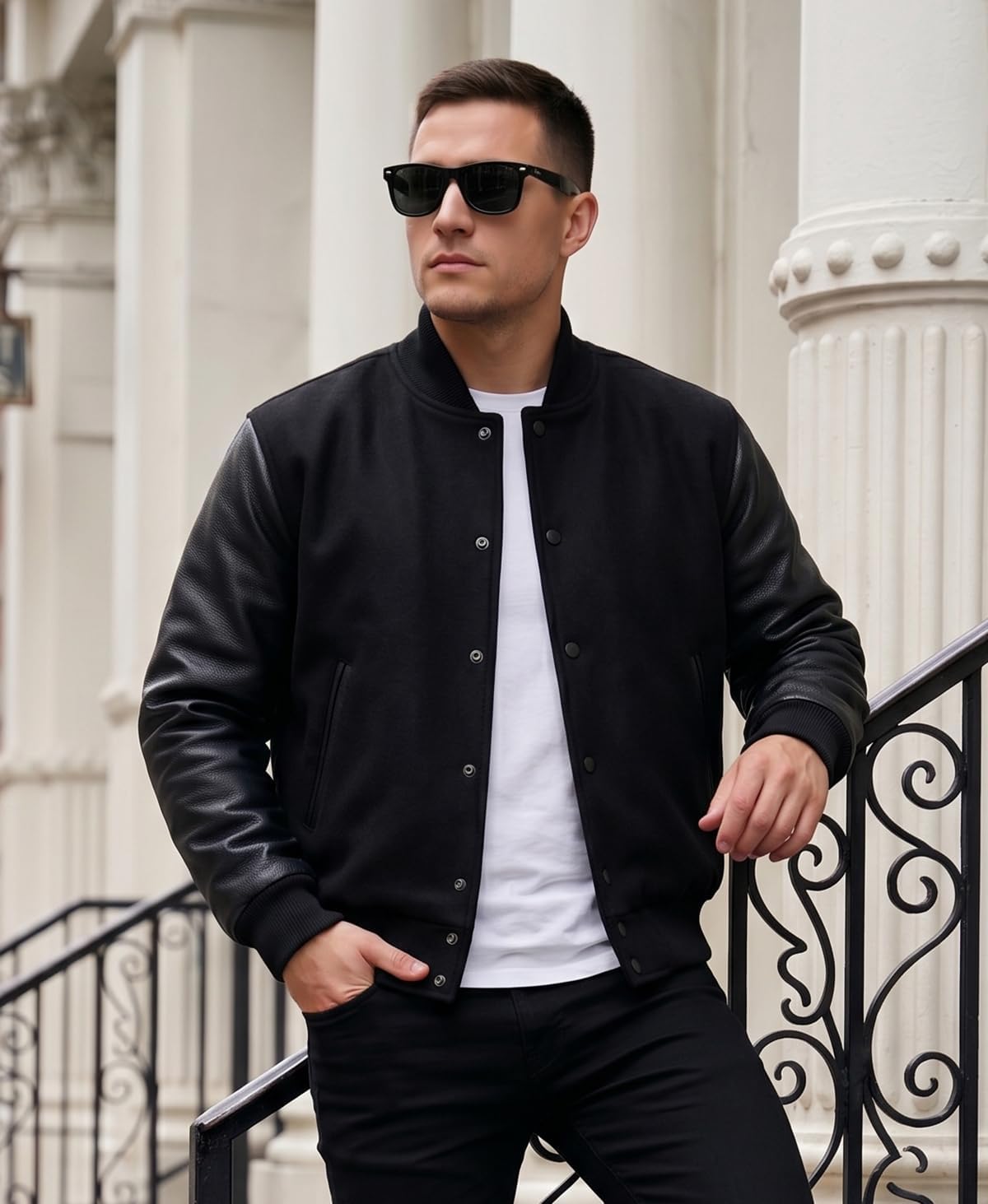 College Letterman Style Varsity Jacket – Mens/Womens High School Baseball Coat Wool + Faux Leather Sleeves