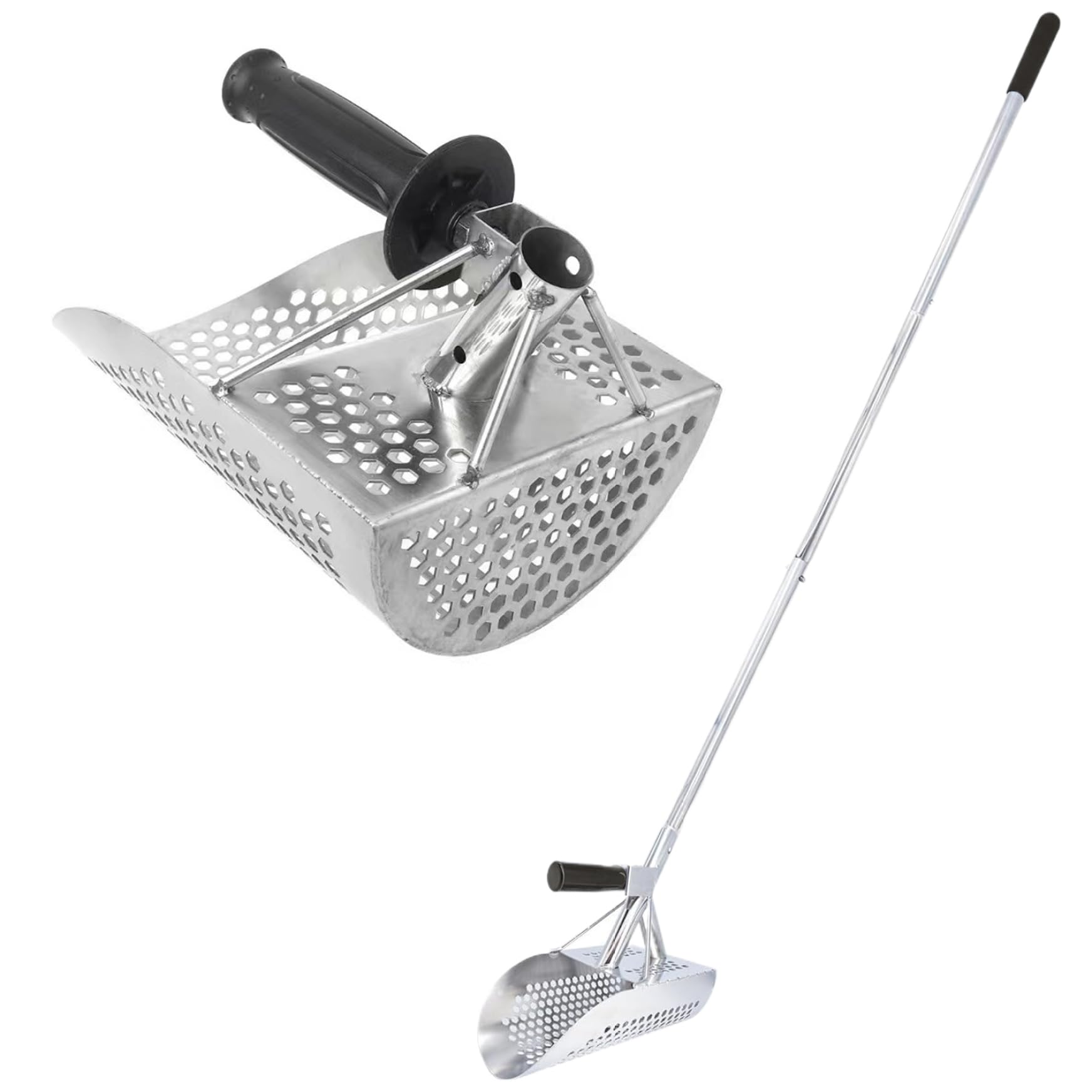 Pala de Arena para detección de Metales Pala de detección de Metales de Acero Inoxidable con Orificios en Forma y tamiz de Arena Resistente Desmontable de Mango Largo de 47 Pulgadas para la Playa, pa