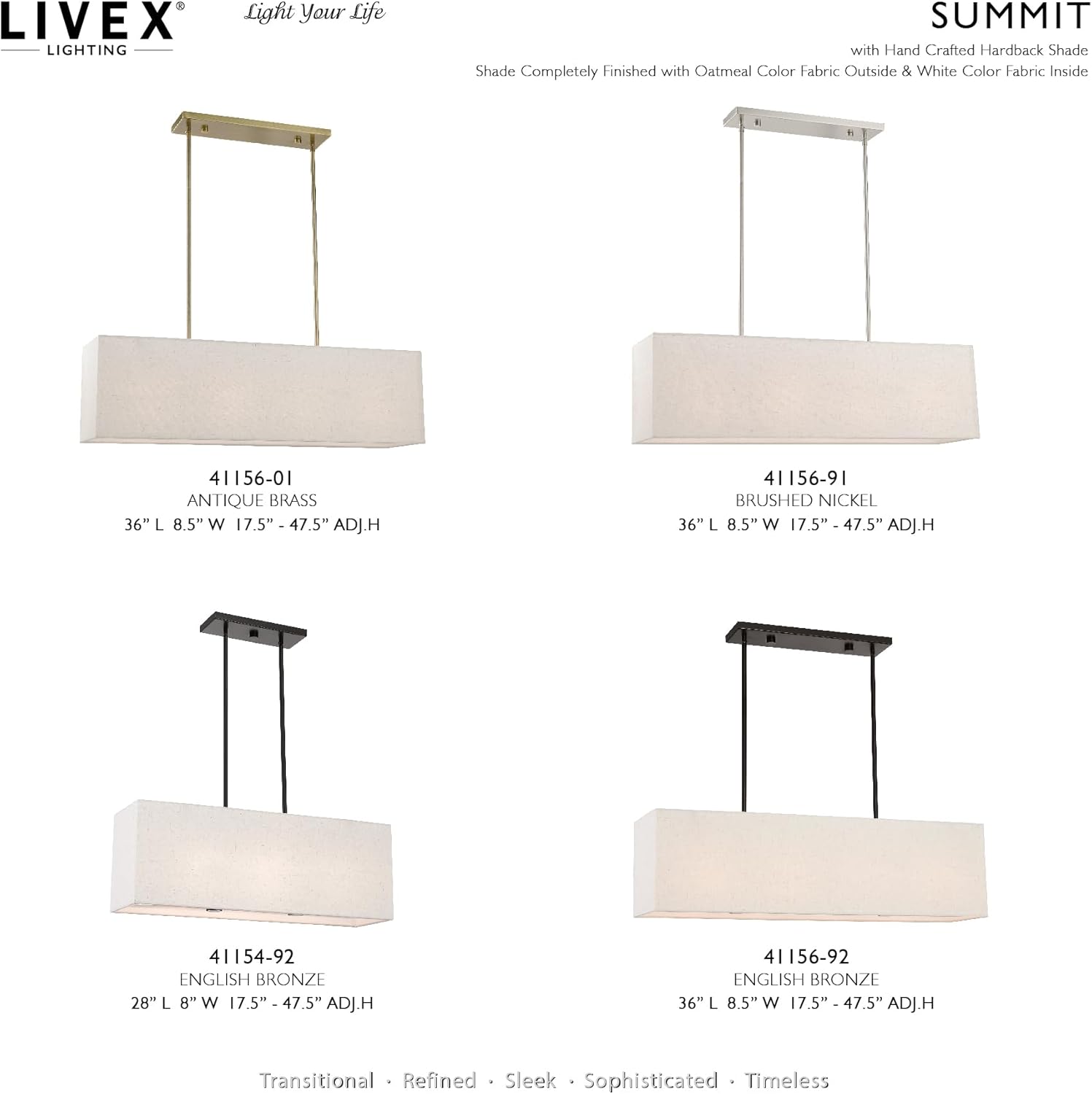 Livex Lighting 41156-92 Summit English Collection 4-Light Linear Chandelier with Oatmeal and White Fabric Hardback Shade, Bronze, 11.50x36.00x8.50