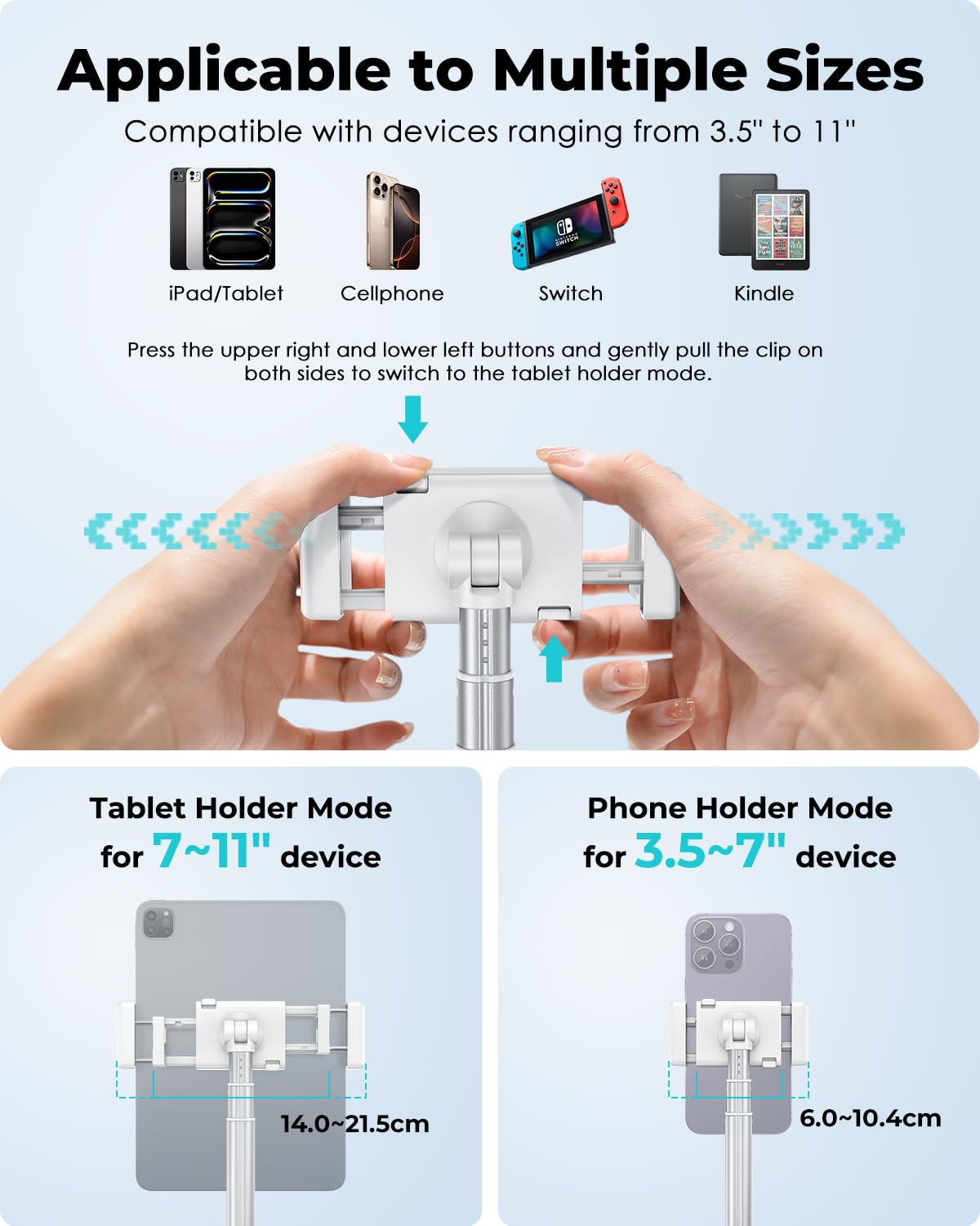 Viozon Tablet-Bodenständer, Höhe & Winkel verstellbar mit Arm aus Aluminiumlegierung, 360° drehbar, ideal für Bett, Sofa oder Nachttisch, kompatibel mit 3,5-11 Zoll iPad Pro/Air/Mini, iPhone 15/14