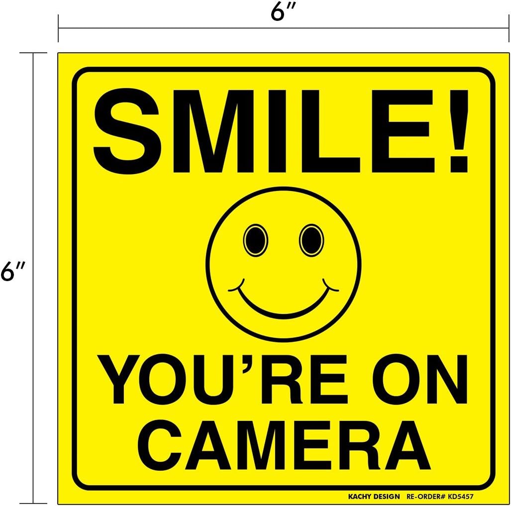 (Set of 4) Smile You're On Camera Sticker - 6" x 6" - Durable Self Adhesive 4 Mil Vinyl - Laminated - Fade & Scratch Resistant - Waterproof - Private Property No Trespassing Security Recording Video Surveillance Sign
