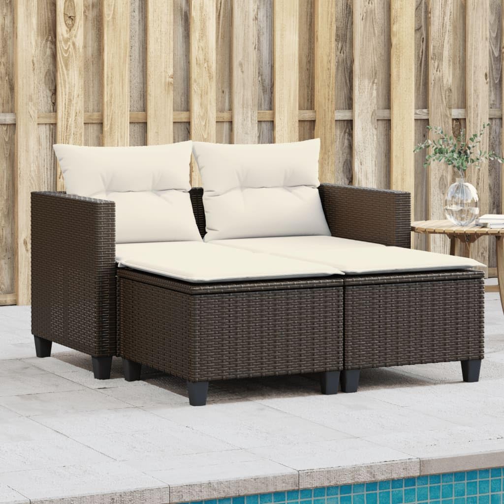 Divano da giardino a 2 posti con sgabelli, in rattan, poltrona da giardino, terrazza, balcone, poltrona relax per giardino, terrazza, balcone, marrone