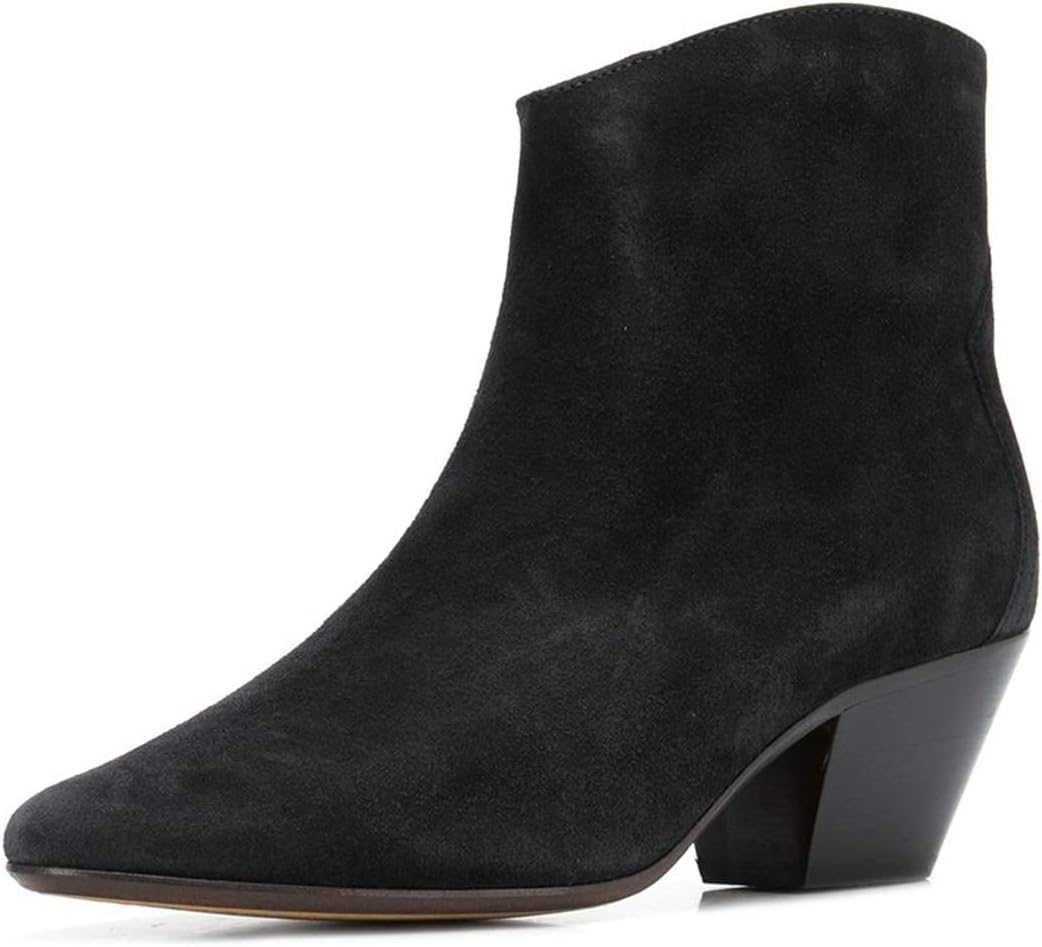 FOWT Women Classic Suede Comfy Ankle Boots Block Chunky Mid Heels Almond Toe Ankle Wrap Booties Side Zippers Solid Color Casual Shoes 4-15 M US