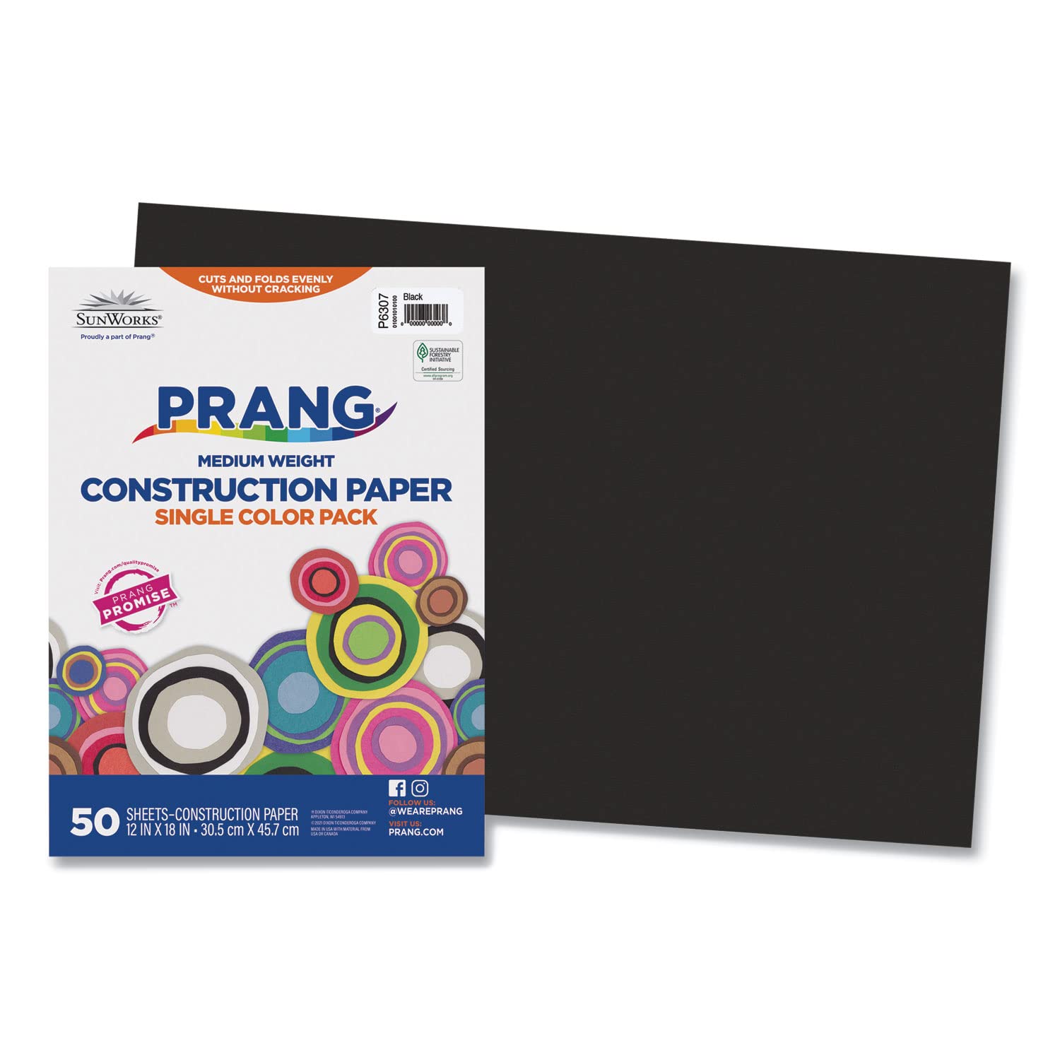 SunWorks 6307 Construction Paper, 58 lbs, 12 x 18, Black, 50 Sheets/Pack