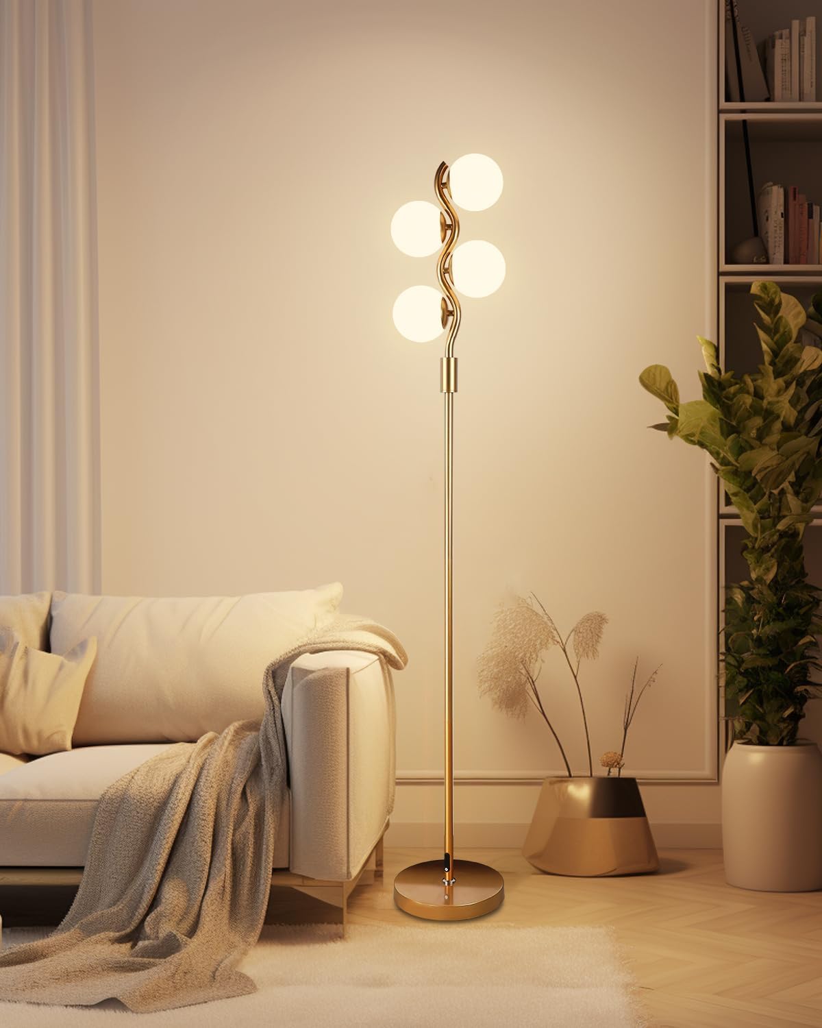 63IN Gold Globe Floor Lamp Dimmable Tall Standing Lamps with Soft Warm White 3000K Bulbs, Mid Century Modern Floor Lamp for Living Room Bedroom Home Decor