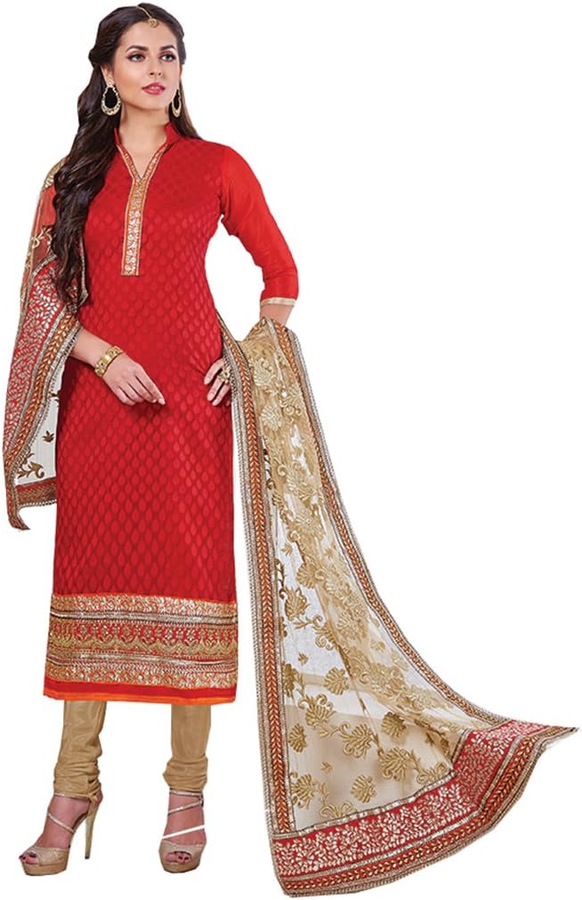DivyaEmporio Women's Banarasi Jacquard Red Karva Chauth Special Salwar Suit Dress Material
