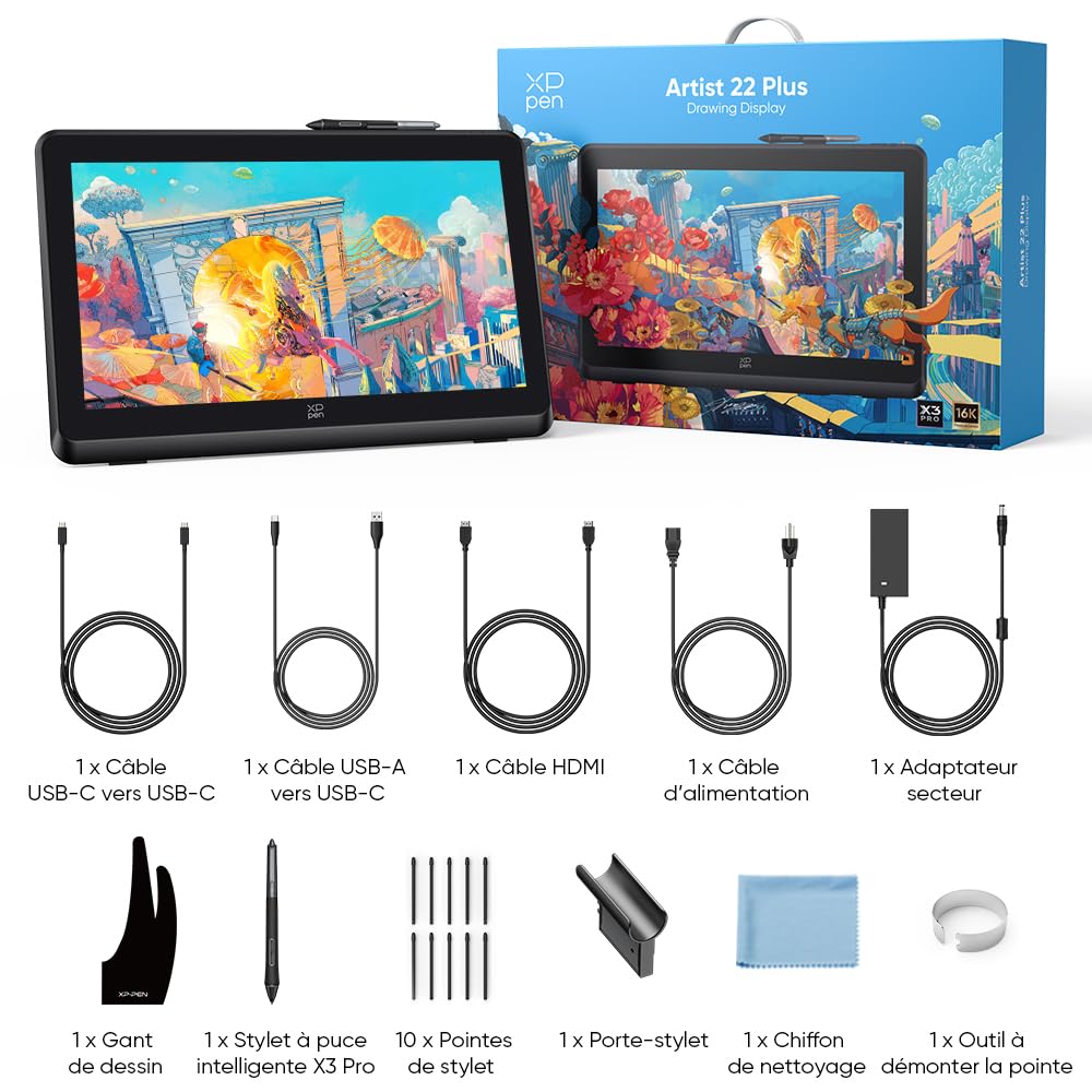 XPPen Artist 22 Plus Tablette Graphique, Tablette Dessin Graphique avec Écran 21,5 Pouces, Stylet à 16K Niveaux de Pression, 130% sRGB, Compatible avec Windows macOS 10.10 Chrome OS 88 Android Linux