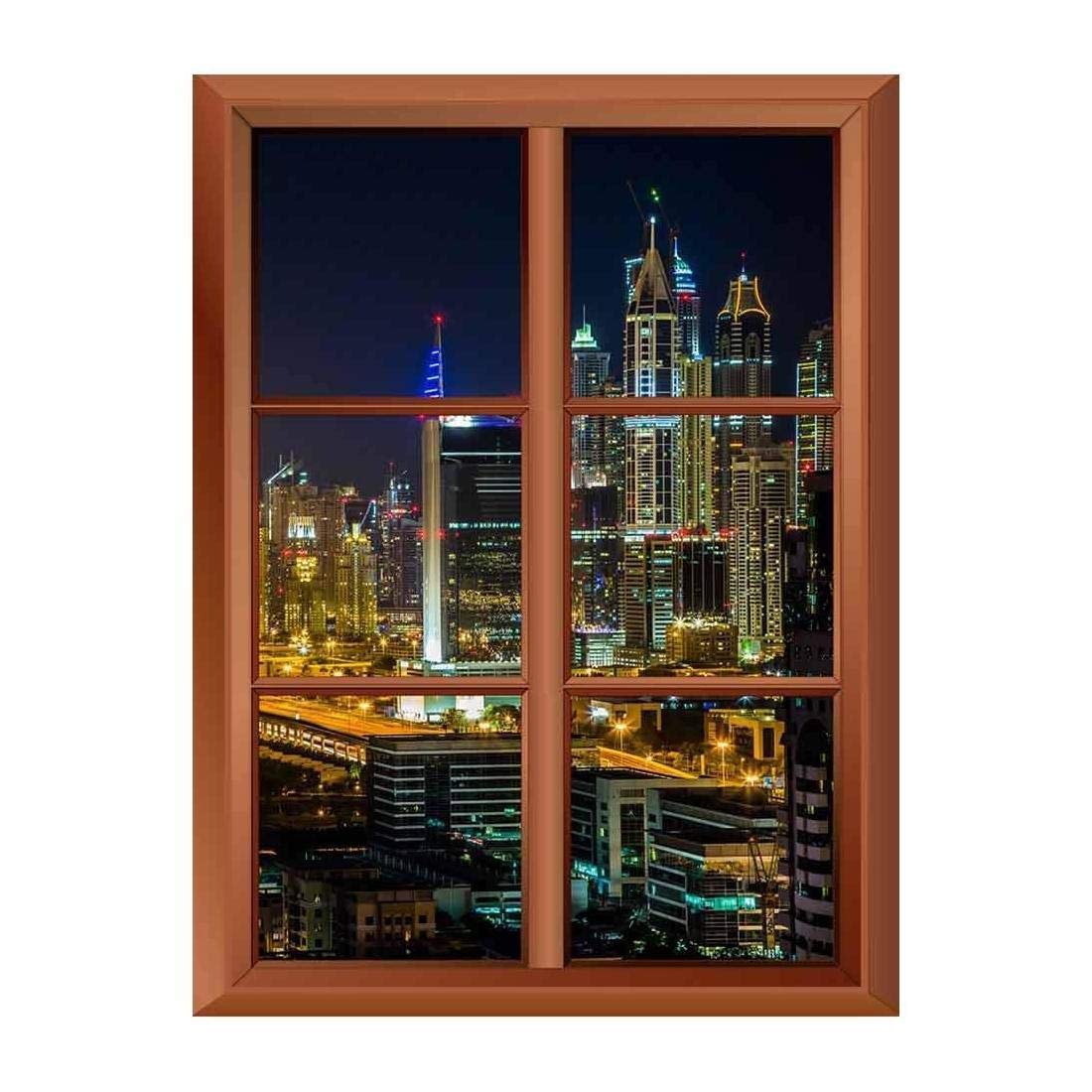 wall26Removable Wall Sticker/Wall Mural - Dubai Downtown Night Scene with City Lights - Creative Window View Vinyl Sticker - 36"x48"