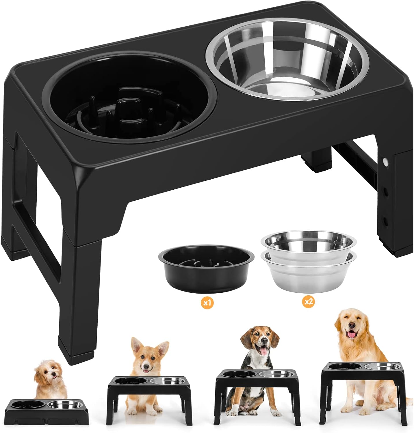 PANZZDA Elevated Dog Bowls with Slow Feeder, 4 Adjustable Heights Raised Pet Bowl Stand Feeder Bowl with 2 Stainless Steel Food & Water…