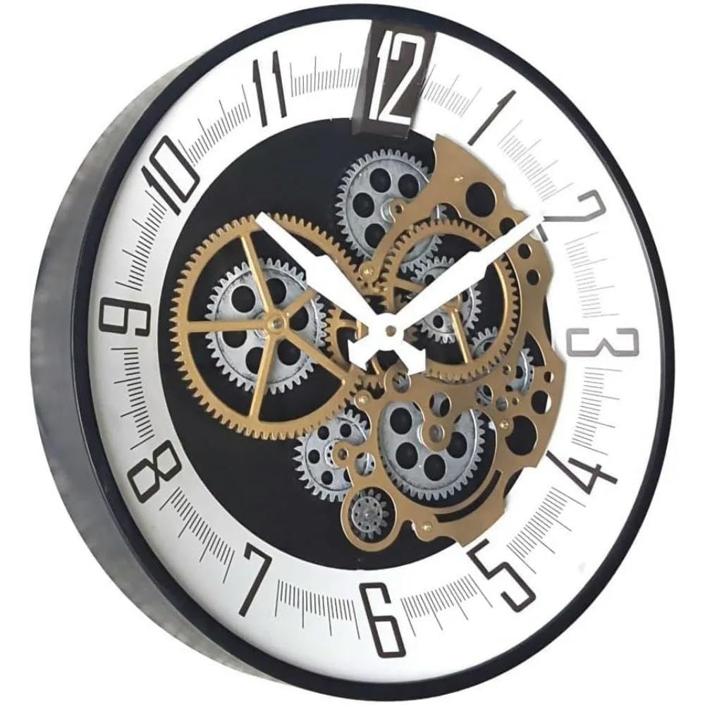 NYSDM Wanduhr mit beweglichem Zahnrad, 40,6 cm (16 Zoll), industrielle Heimdekoration, Steampunk, Vintage, dekorativ, Retro, Gold und Weiß