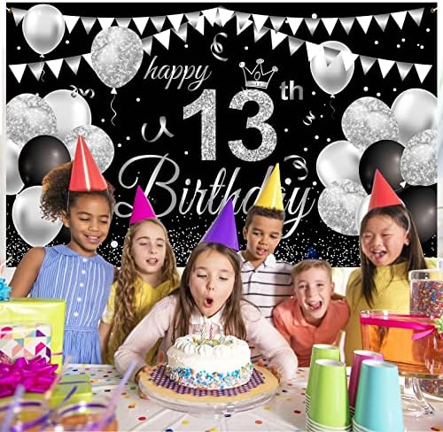GRESATEK 13th Birthday Decorations, Happy 13th Birthday Banner for Boys Girls Black Silver 13th Birthday Backdrop Banner Party Decor for Anniversary Birthday Photo Booth Background Decoration
