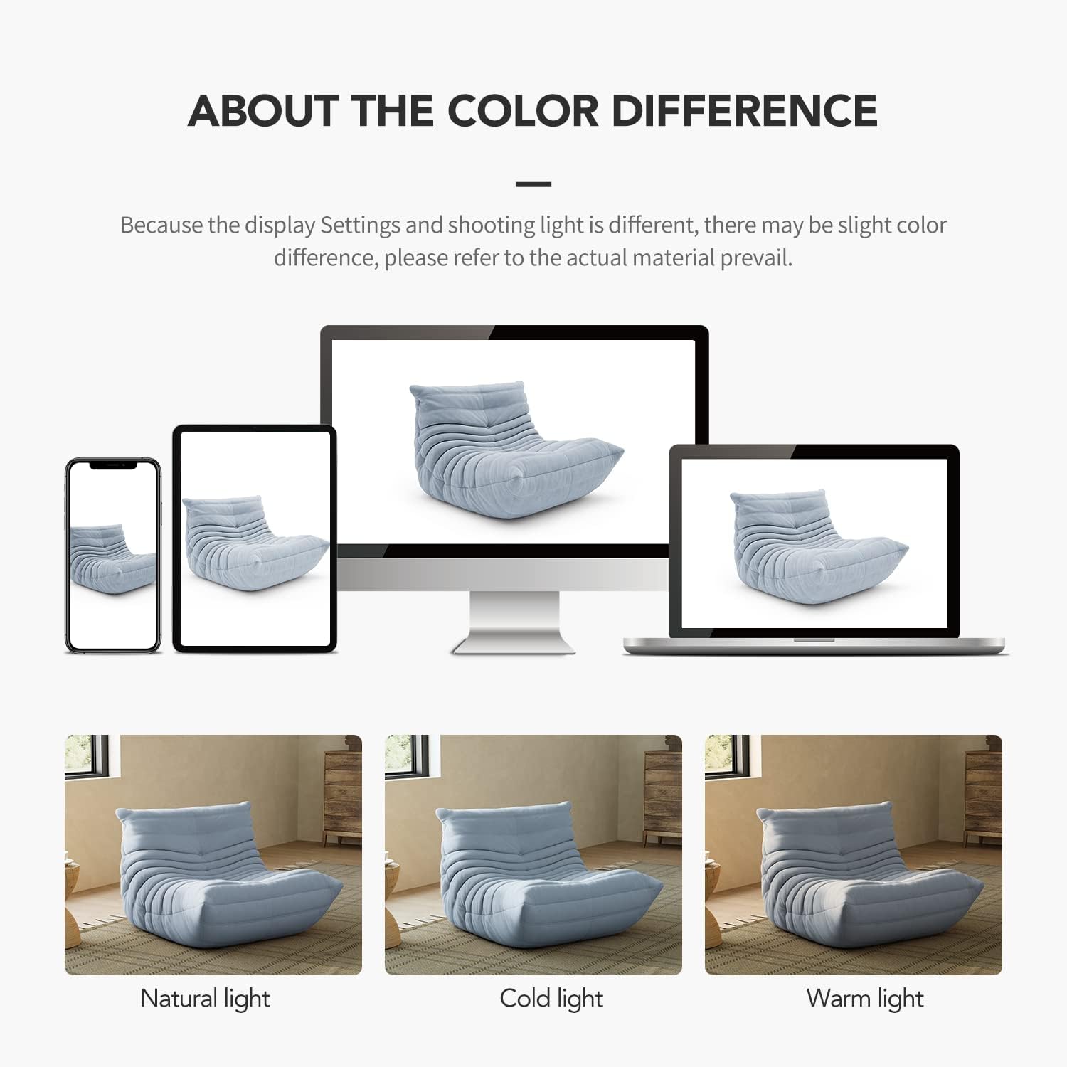 High-end Uncompressed Togo Bean Bag Chair for Adults, Memory Foam Floor Sofa Couch with Soft Fabric, Comfy Fireside Lounge Chair for Living Room, Bedroom, Apartment & Reading Nook Suede Blue