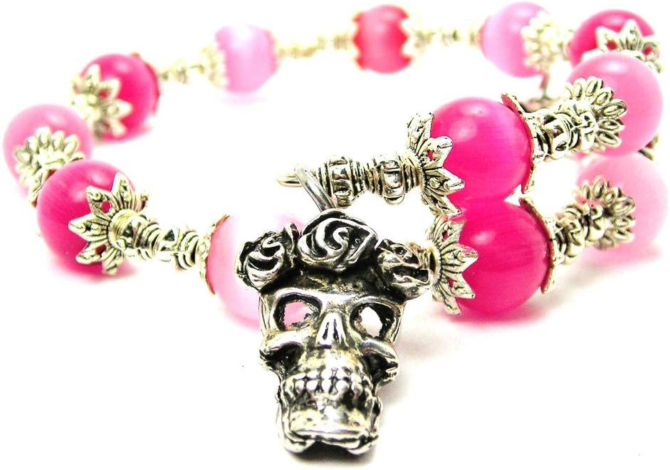 Mexican Style Sugar Skull Cat's Eye Wrap Charm Bracelet in Hot Pink and Rose Pink Glass