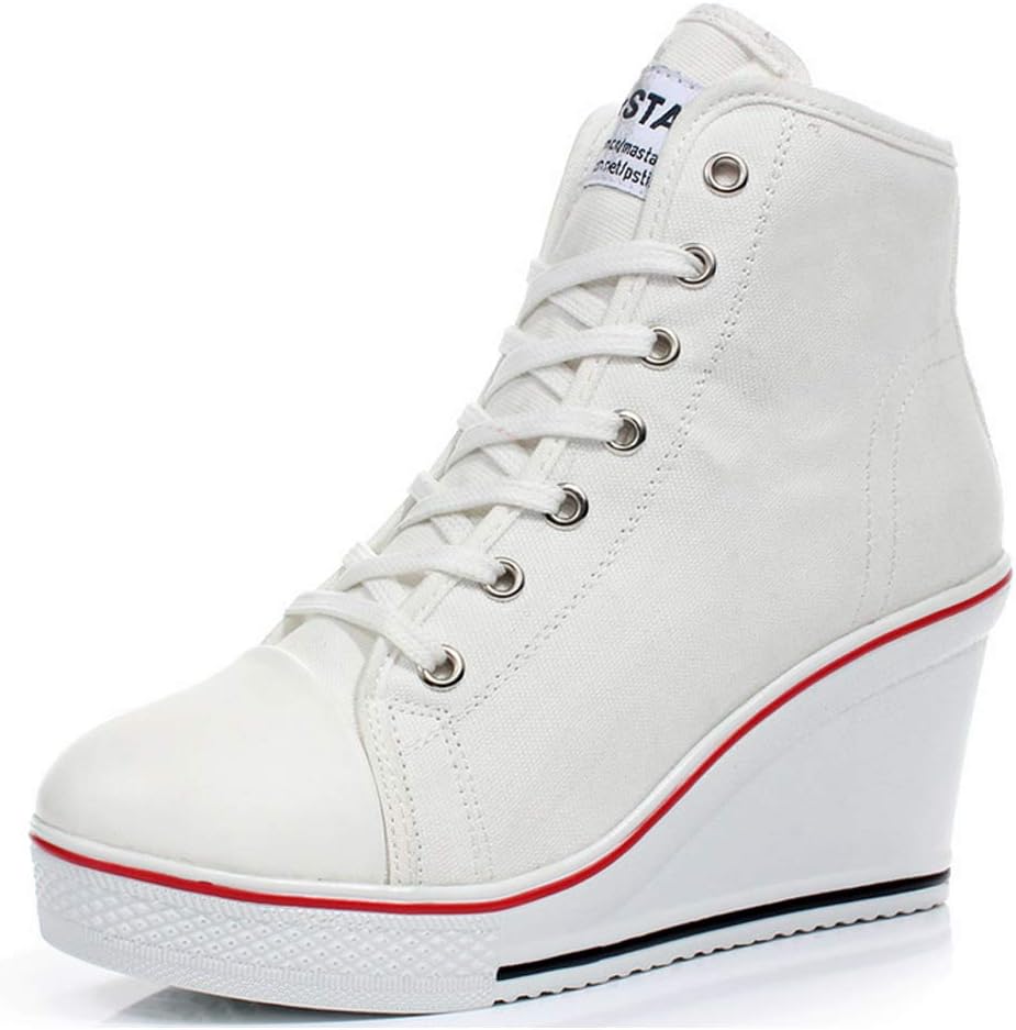Women High Heel Sneaker Canvas Lace Up Fashion Shoes High Top Wedges Casual Sneaker Side Zipper Fashion Sneakers (9, White)
