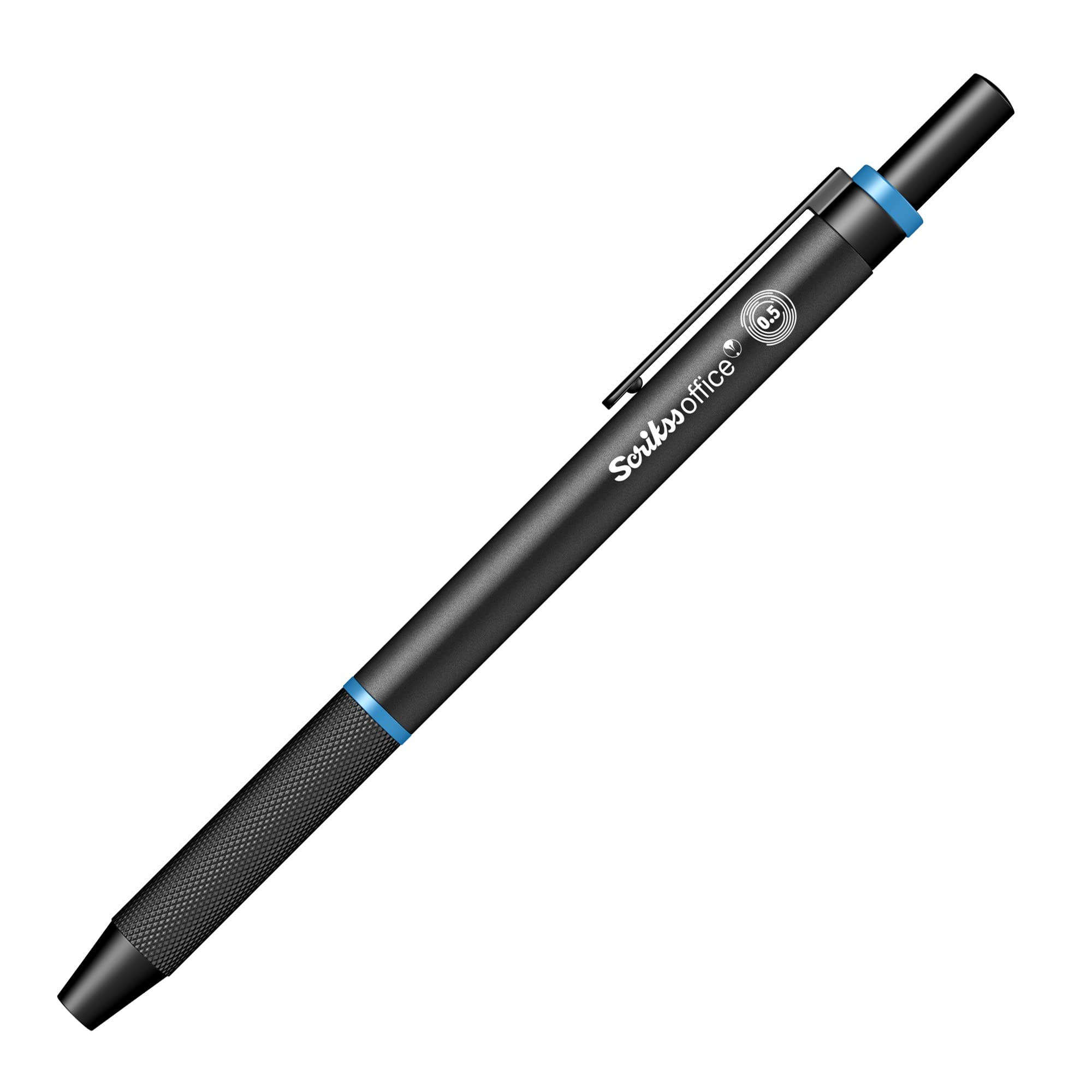 Scrikss Ołówek do długopisu mechanicznego sprzęgła 0,5 mm, czarny aluminiowy korpus, mechanizm zatrzaskowy, seria Twist | niebieski akcent | w zestawie gumka