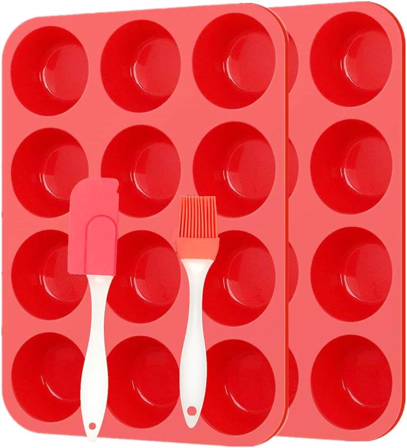 Silicone Muffin Trays Set and Spatula 3-Pack, Mini 12 Cups Muffin Silicone Cupcake Baking Pans / Non Stick / Dishwasher - Microwave Safe
