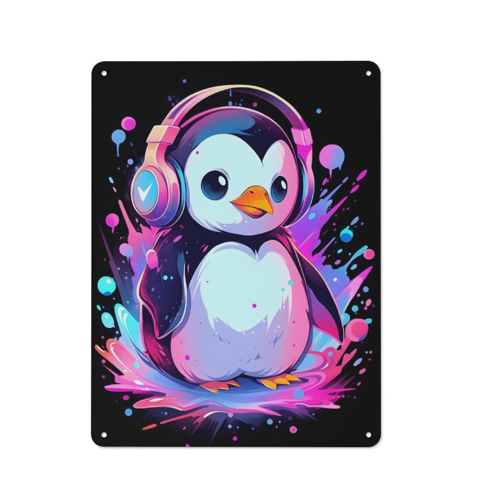 Junmoney Paint Penguin Headphones Tin Wall Plaque 40X30cm With For Bar Or Restaurant, For Hospitality Decor Collectors