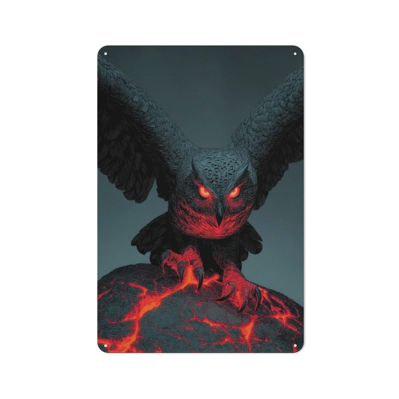Tin Sign 30x20cm with Fiery Owl Perched on Lava Rock for Workshop Wall, Rustic Decor, Suited to Workshop Decor Fans