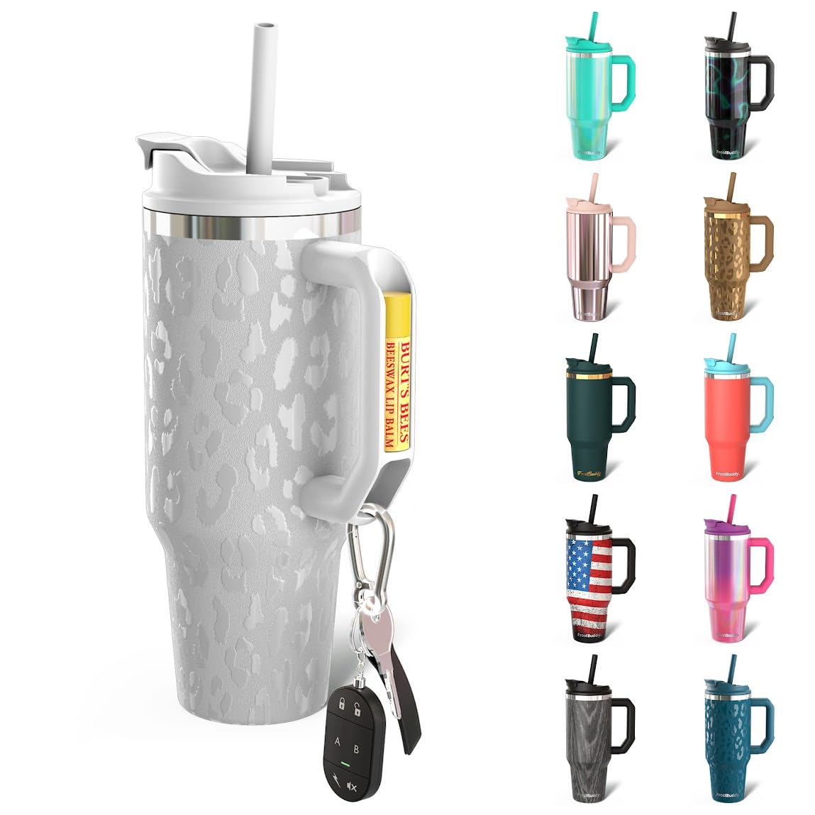 Frost Buddy Thicc Buddy - 40 oz Stainless Steel Vacuum Insulated Tumbler with Lid and Straw for Water - Travel Mug Cupholder Friendly - Gifts for Women Men Him Her (White Leopard)