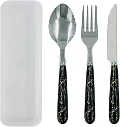 Kit Talheres em Inox 3 Peças Garfo Faca Colher Com Estojo Portatil Reutilivazel - Para Marmita, Lanche, Escolar, Viagem e Camping Premium MZZC (Preto Marmorizado)