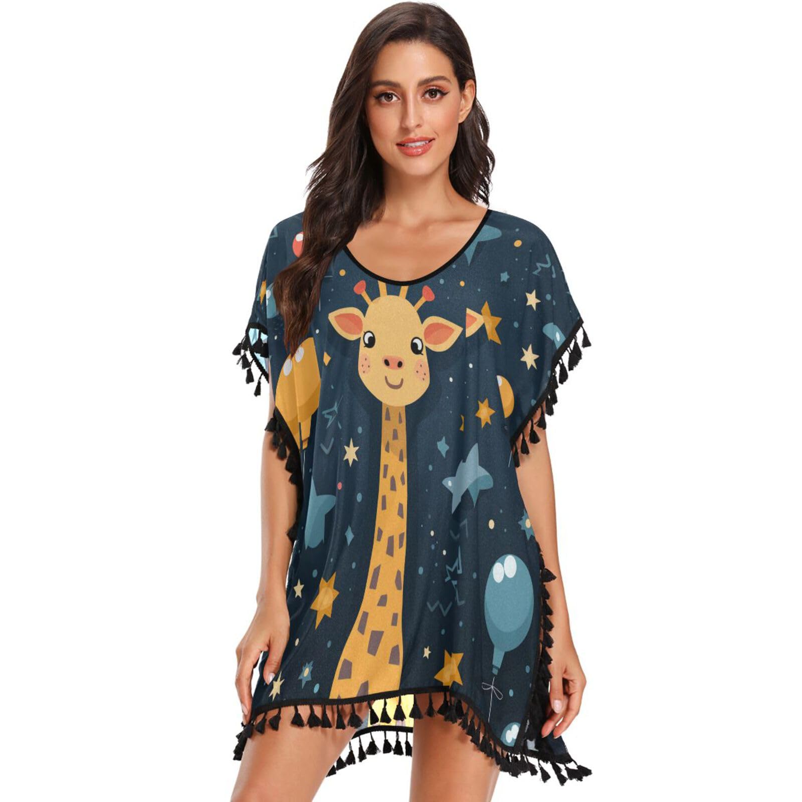 KAAVIYO Cute Giraffe Balloon Star Women's Beach Cover Up Chiffon Tassel Swimwear Swimsuit Coverups for Girl