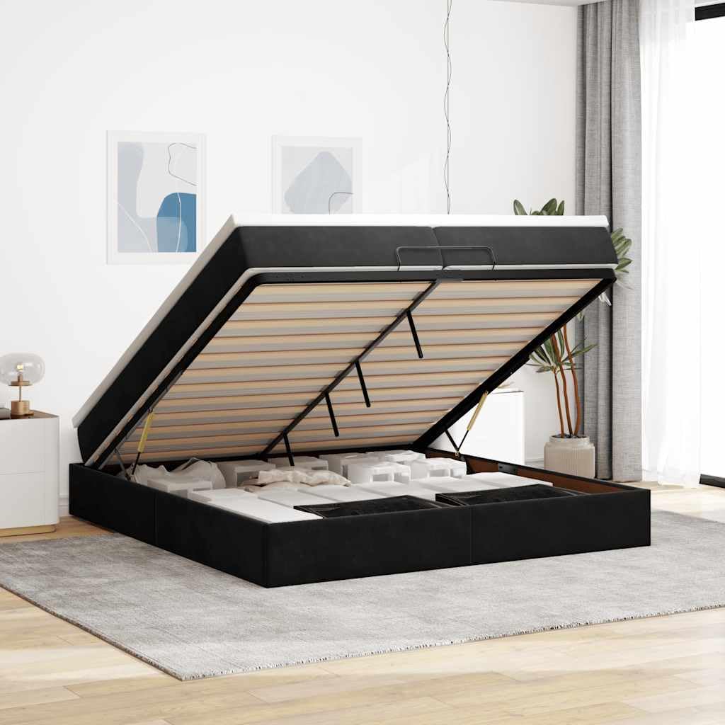 Cama doble otomana de 200 x 200 cm de terciopelo negro con colchón de muelles ensacados 2 x 100 x 200 x 20 cm Cubrecolchón gran espacio de almacenamiento hidráulico Lift juvenil habitación de