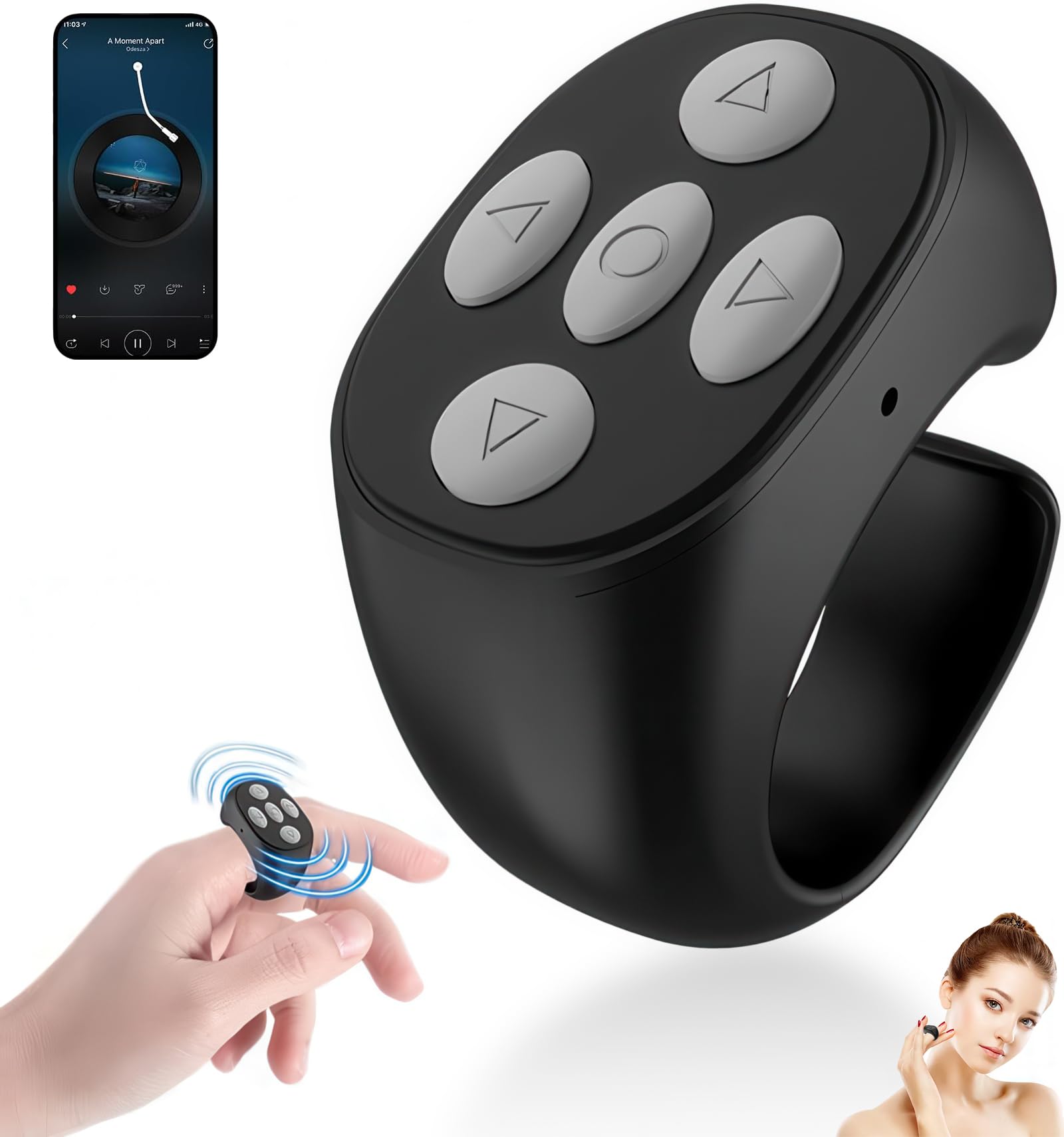 Fingertip Wireless Bluetooth Remote Control, 2025 Bluetooth Ring Scroller for Phone Scrolling, Short Videos, Music Playback, Camera Shutter, and eBook Page Turning (Black)