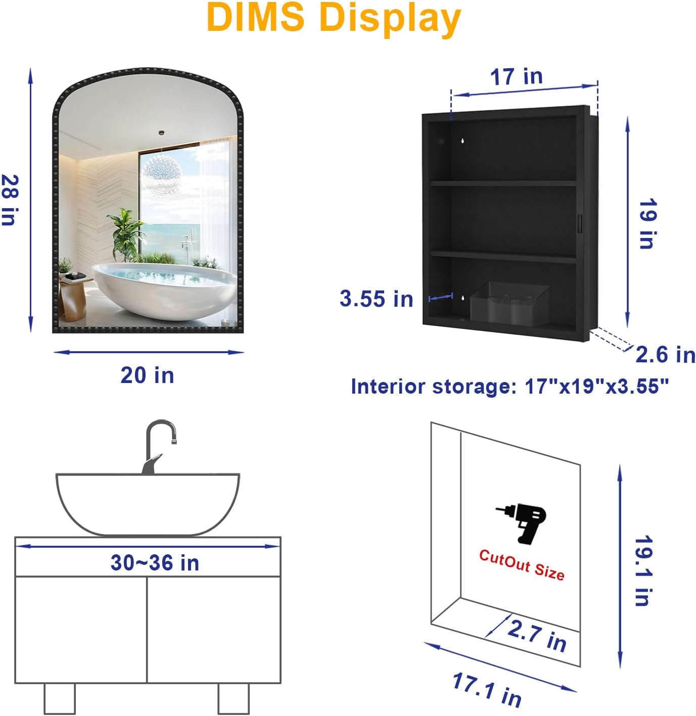 Black Medicine Cabinet for Bathroom, Surface Mount or Recessed Medicine Cabinets with Storage and Arched Mirror 20"x28" , All-Metal Daisy Decor Frame, Includes 2 Adjustable Shelves and 1 Organizer
