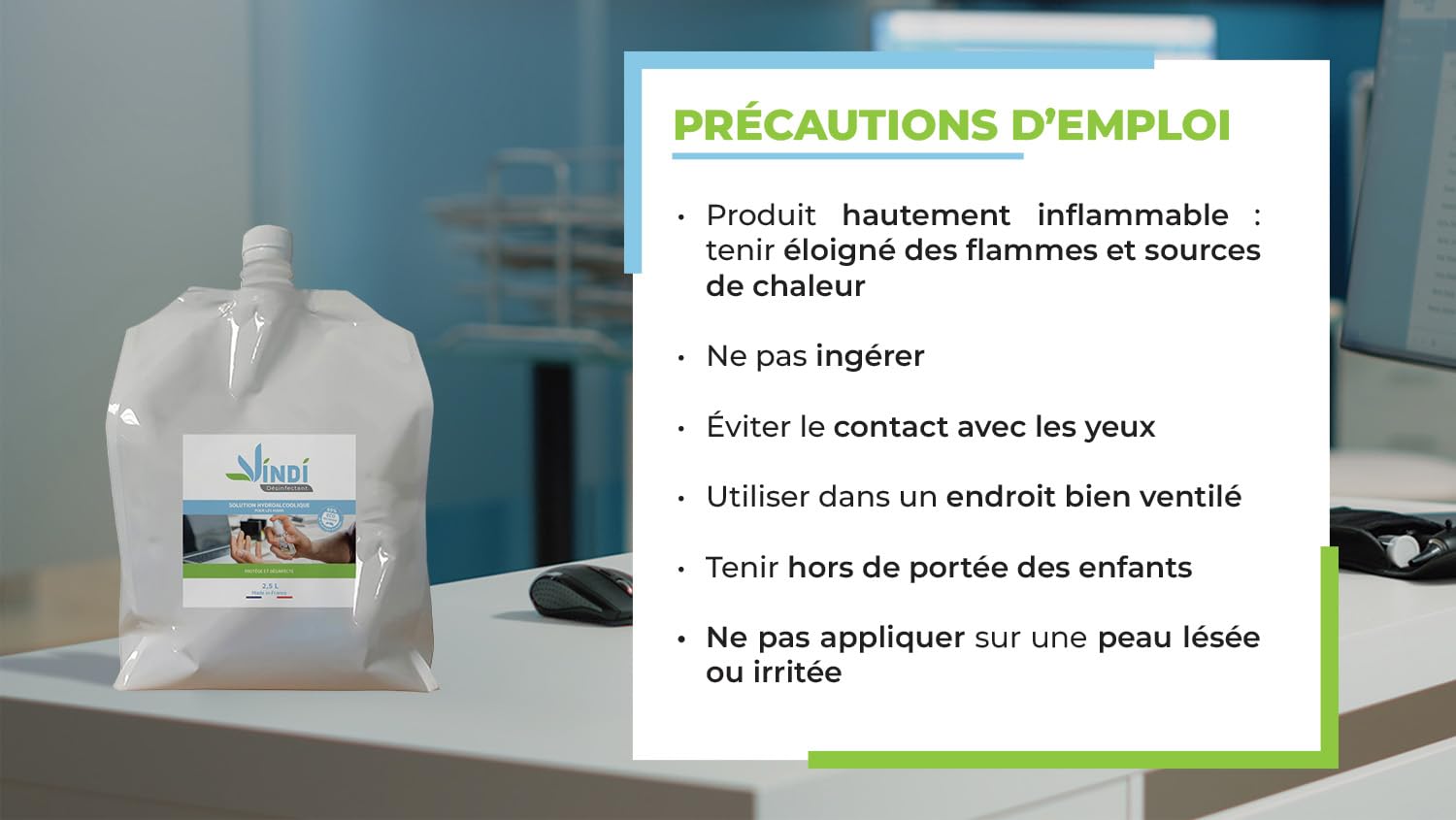 Vindi Désinfectant solution hydroalcoolique - Bidon-écorecharge de 2,5L - Fabrication Française - 76% d'alcool - Désinfection des mains et des surfaces - Virucide