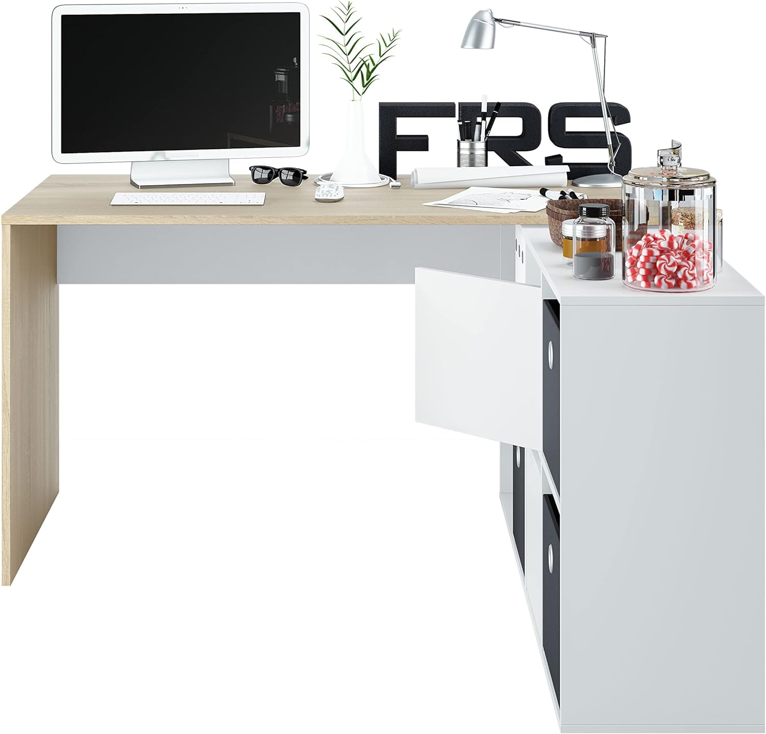 Habitdesign 0F4606A - Mesa Escritorio, Mueble de despacho, Modelo Adapta, Medidas: 74 x 120 x 77 cm, Color Blanco artik y Roble Canadian