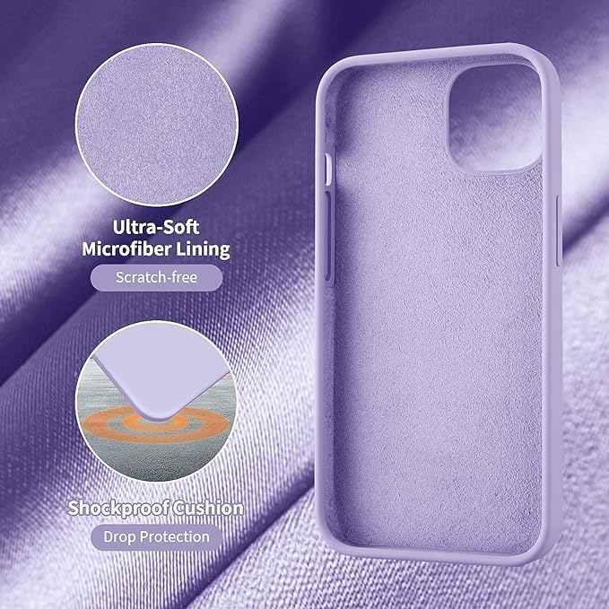 Image of Compatible with iPhone 15 Silicone Case, Slim Shockproof Protective Cover, Drop Protection and Camera Protection, MagSafe Compatible, Soft Microfiber Lining Inside (Purple)