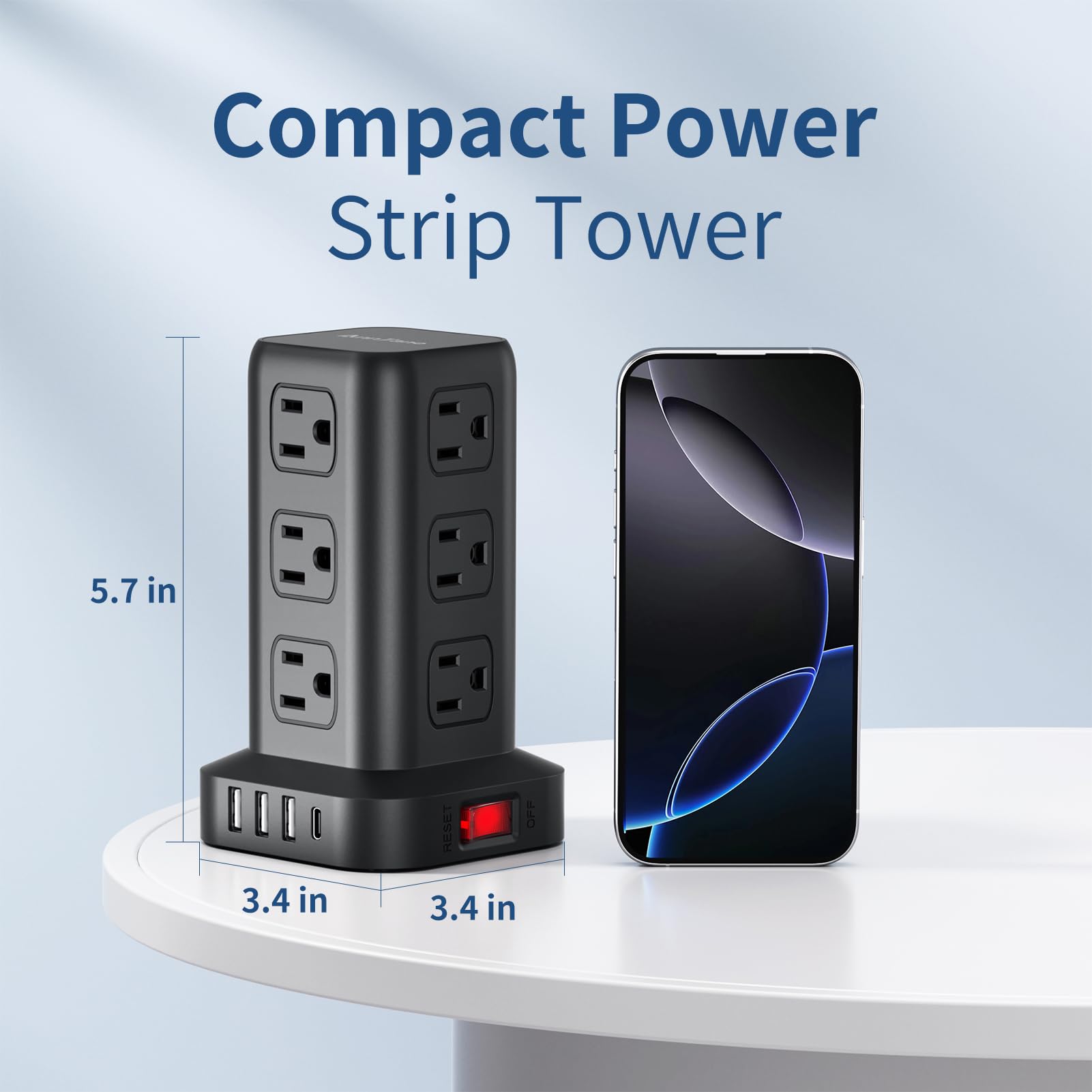 AnnTane - Banda di alimentazione con protezione da sovratensione da 1,8 m, torre di alimentazione multipresa con 4 porte USB (1 USB C), cavo di prolunga con 12 prese di corrente alternata,