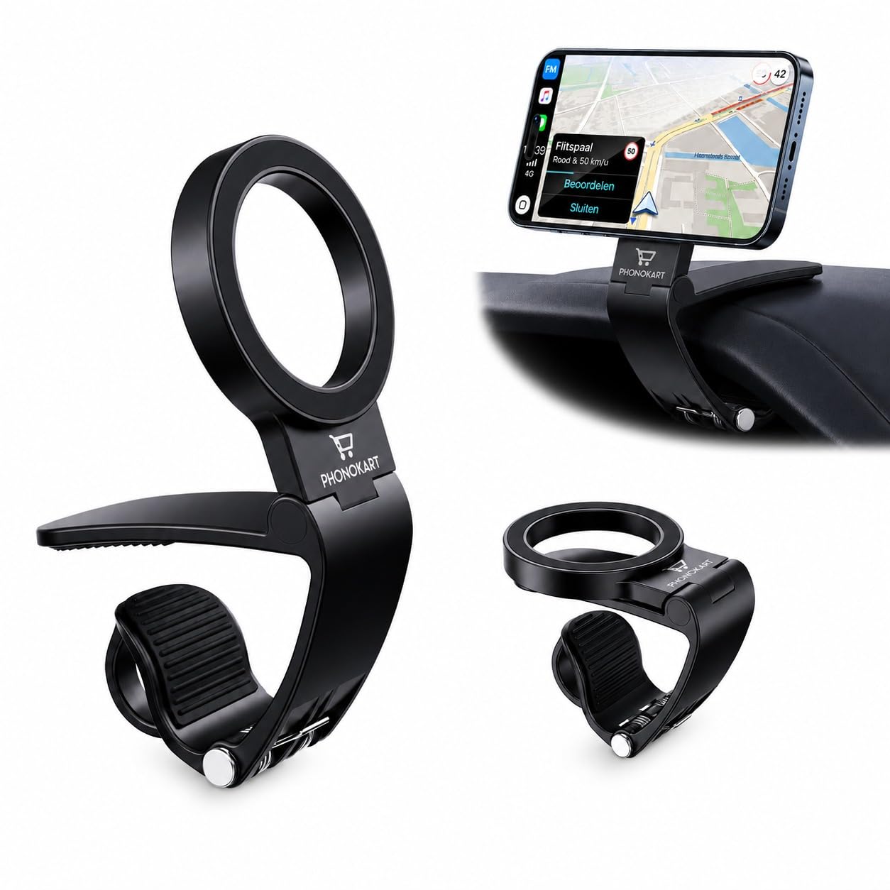 phonokart mag+ magnetic car phone holder | universal magnetic car mount | air vent, dashboard & windshield compatible | one-hand operation | compact design