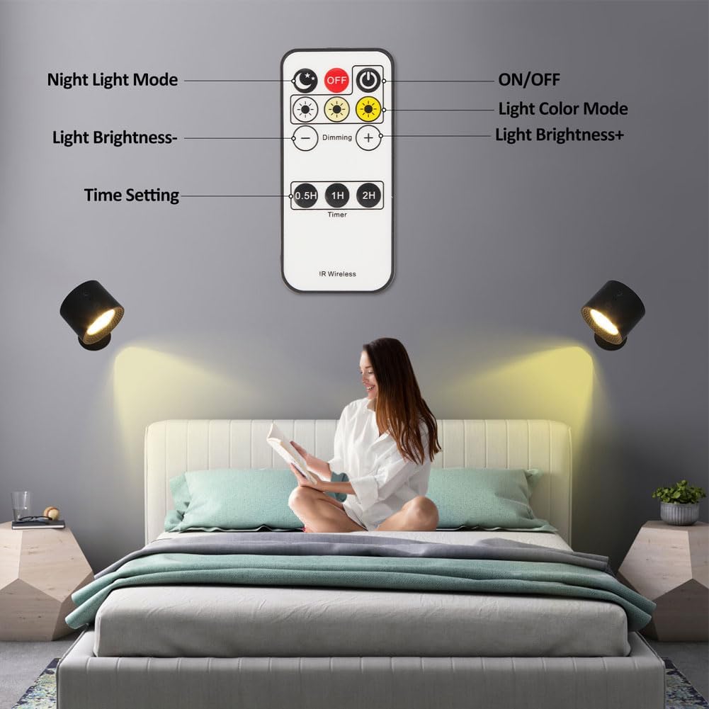 LED Wall Mounted Lights, Rechargeable Wall Sconces Lamp, 3 Color Temperatures & Remote and Touch, 360°Rotation Magnetic Cordless Sconces Wall Decor for Study Bedroom Reading Hallway Bedside