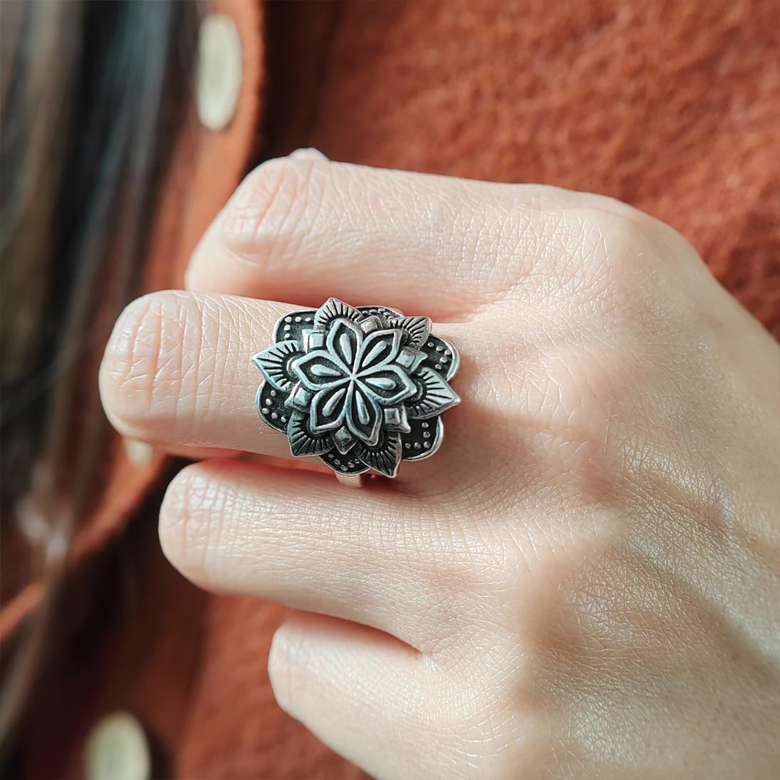 Adjustable Lotus Flower Ring,Open Retro Antique S925 Sterling Silver Mandala Bohemian Boho Ethnic Statement Ring Jewlry for Women - Image 4