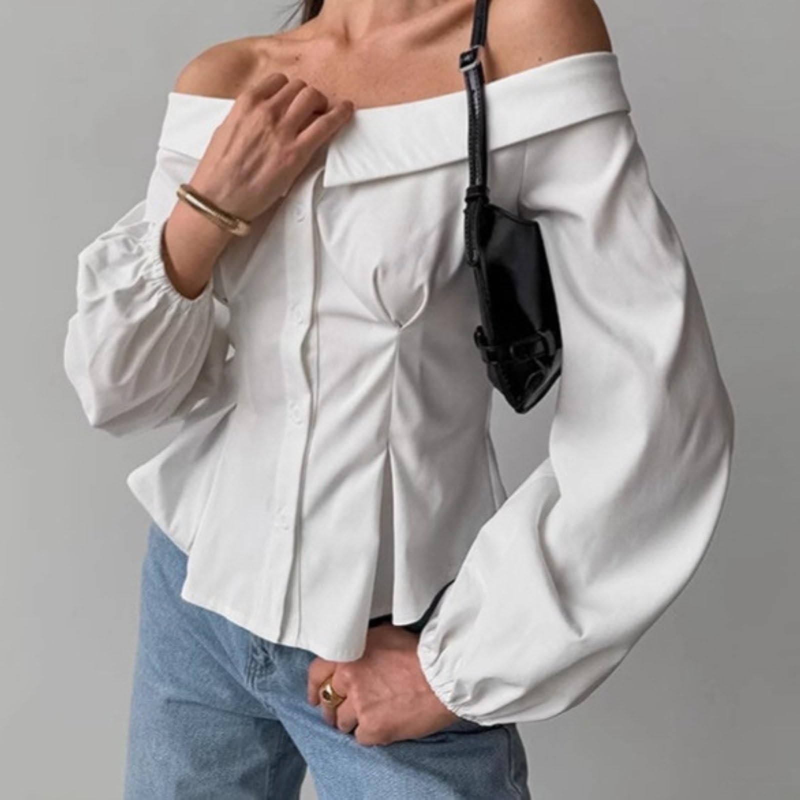 Damskie Seksowne Topy Z Odkrytymi Ramionami SkłAdają Się Slim Fit Jednolity Kolor DłUgi RęKaw Eleganckie Bluzki WyjśCiowe