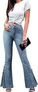 Jeans da donna a vita media, alla moda, stile vintage, con gamba larga per ragazze, casual, elasticizzati, pantaloni