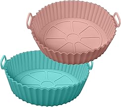 Air Fryer Liners Pot 2 Pcs I Round Silicone Basket Baking Tray I Pot With Ear Handles I Nonstick Reusable Heat Resistant I Cooking Oven Insert Accessories - Multicolor (8 Inch), Medium