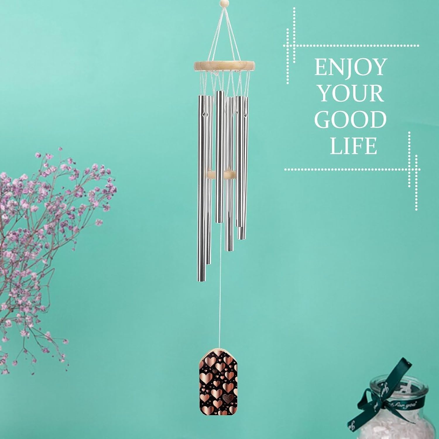 Outdoor Wind Chimes, Rose Gold Love Heart Printed Wind Chimes,Simple Wind Chimes,Curtain Wind Chimes for Home Decoration