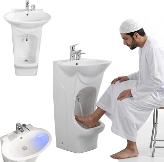 Lavabo de Ablución Musulmana 2 en 1, Fregadero de Cerámica para Wudu, Grifo Giratorio de 360 ​​Grados, Lavabo Vertical con Espacio para Lavado de Pies, Juego Completo de Accesorios