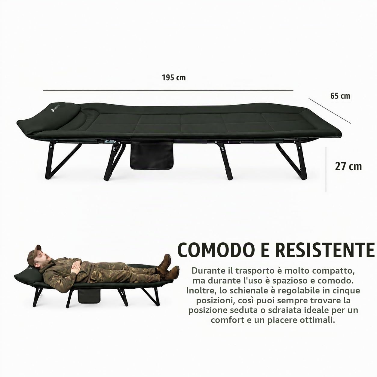 Lettino da Campeggio Pieghevole - 8 Gambe - Schienale Regolabile a 5 Posizioni - Poggiatesta Imbottito - Tasca Laterale - Lettino Camping - 195x65x27 cm