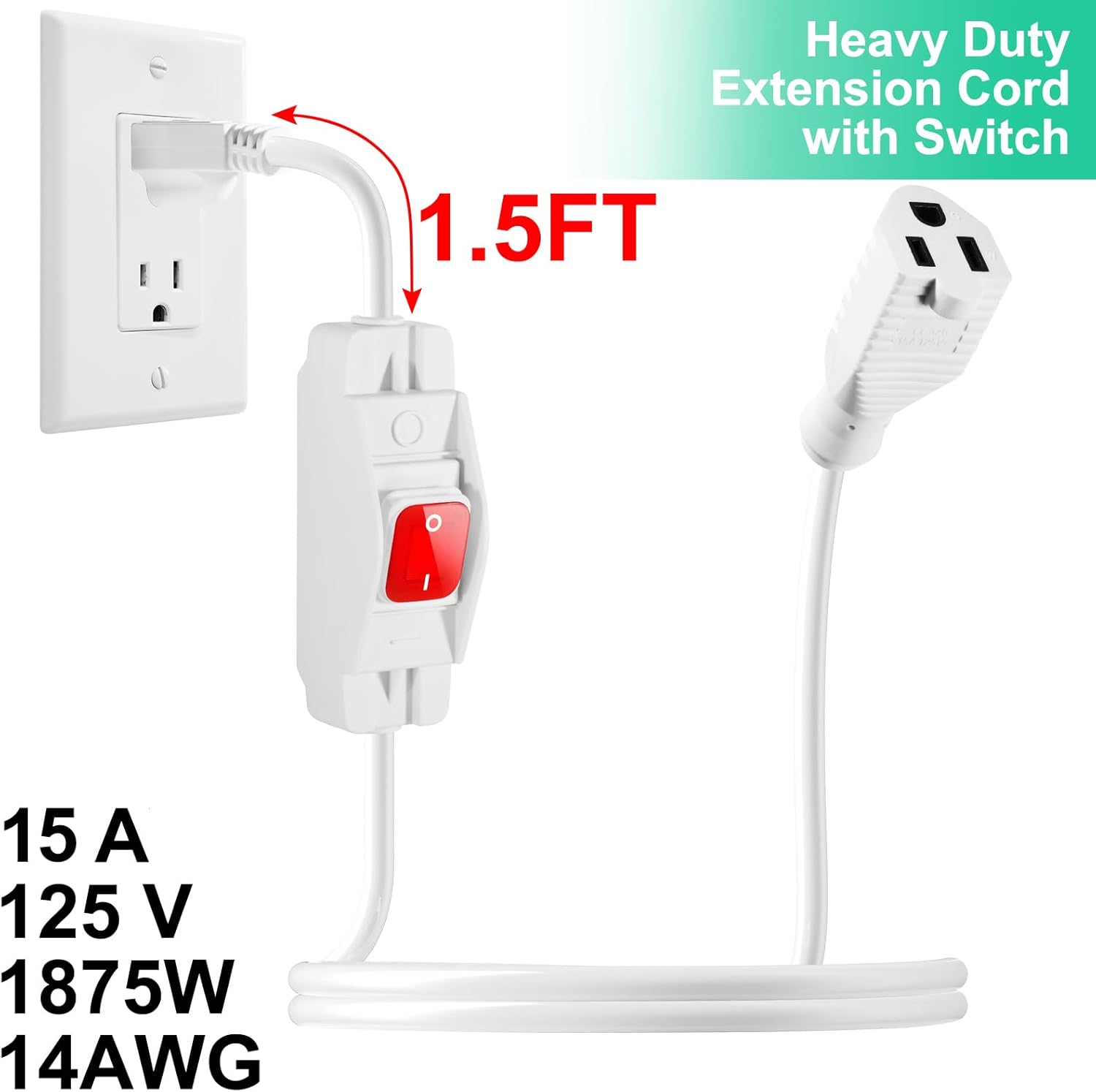 Outdoor Waterproof On/Off Switch Extension Cord, Heavy Duty 125v/250v Black SJTW Cord (3 Ft, White)
