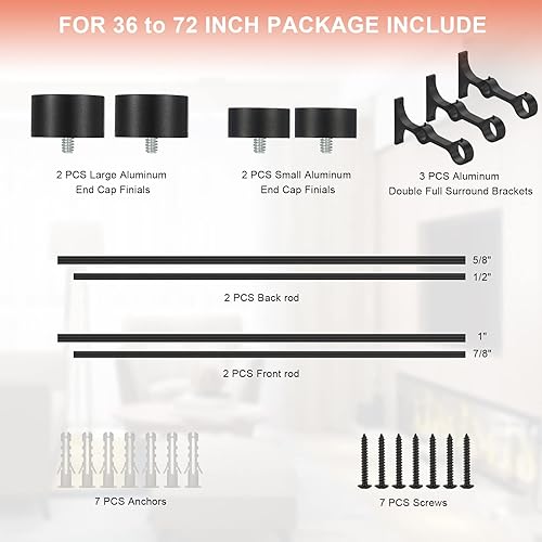 Miniatura 6 de Barras de cortina dobles con tapa de aluminio y soportes envolventes completos, barra delantera de 1 pulgada y barra trasera de 58 pulgadas,