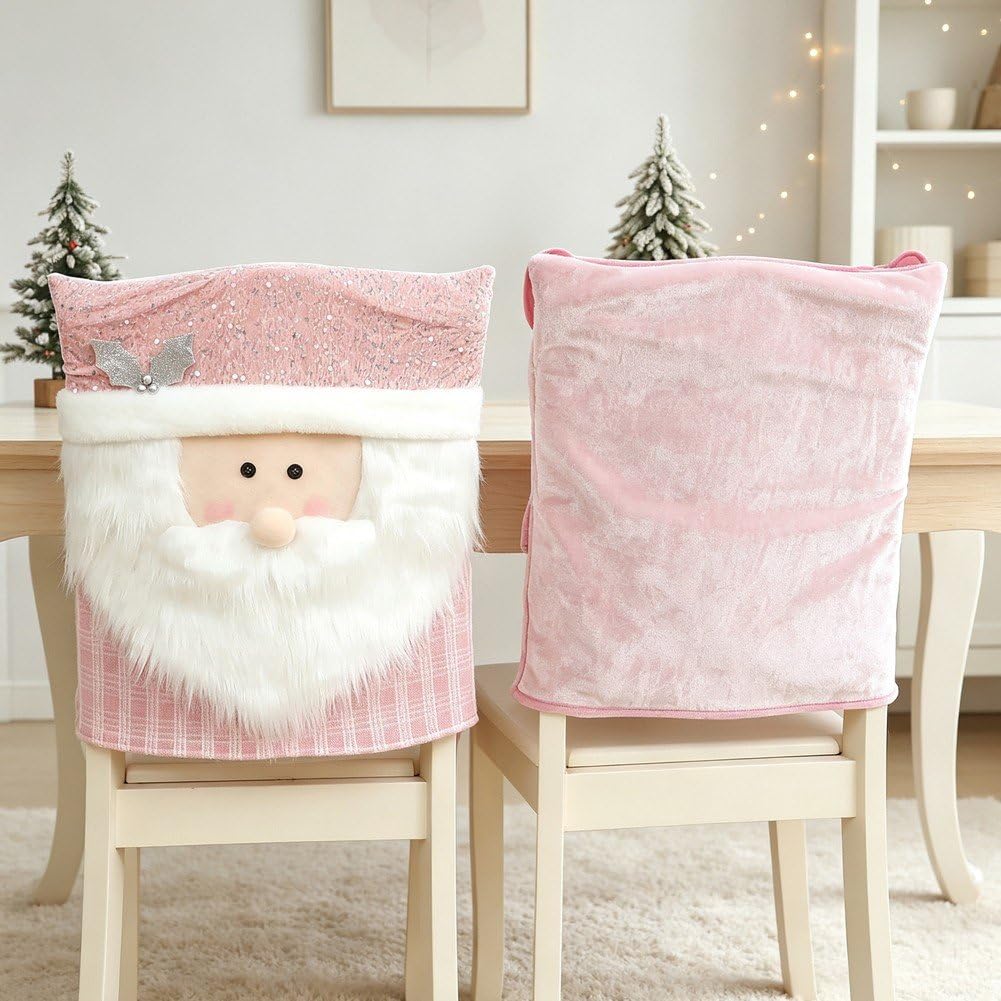 6 Pezzi di Coprisedie Natalizie Rosa con Babbo Natale, Coprischienale/coprisgabello per Sala Pranzo, Banchetti E Decorazioni Natalizie